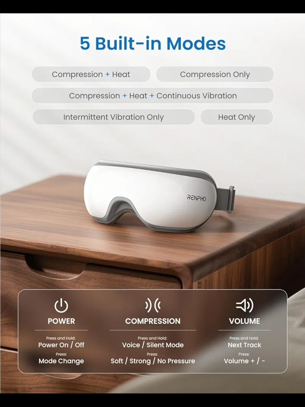 RENPHO White Heated Eye Massager with Compression, Heat & Vibration